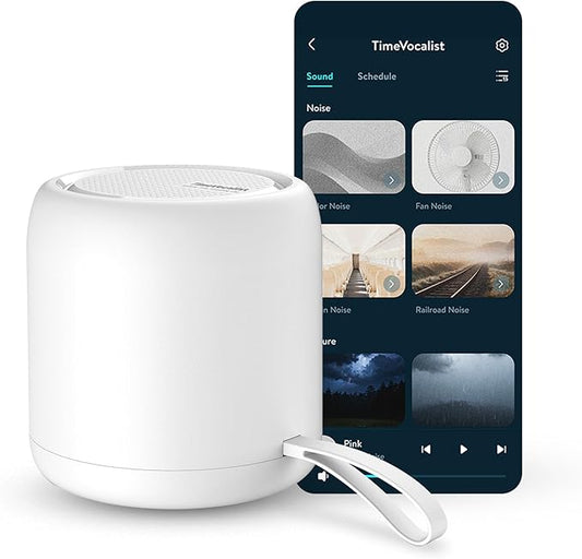 TimeVocalist White Noise Machine & Alarm Clock: Dynamic Sound Mixing, Ambient and Color Noises, Custom Soundscapes, App Control, Multiple Alarms, Sleep Training, 100 Volume Levels, Built in Battery