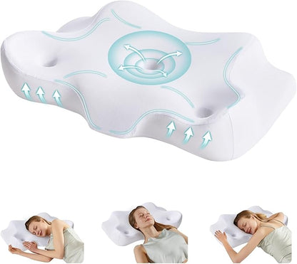 Sweetcrispy Cervical Pillow for Neck and Shoulder,Contour Memory Foam Pillow,Ergonomic Neck Support Pillow for Side Back Stomach Sleepers with Pillowcase, White