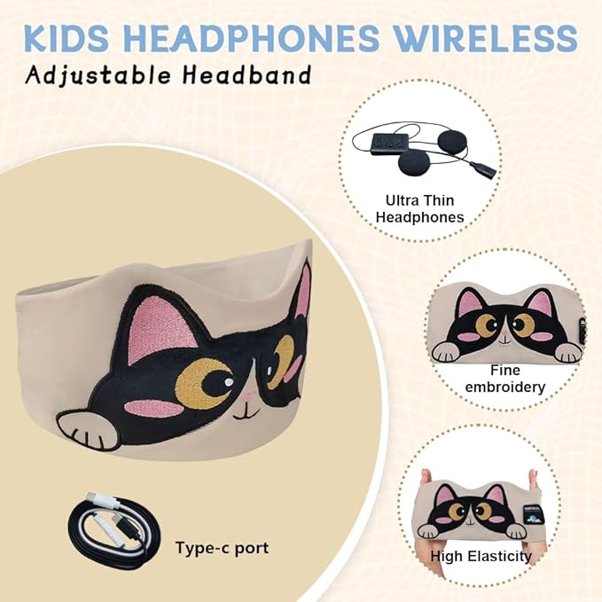 Kids Headband Headphones,Toddler Bluetooth Sleep Mask,Adjustable Wireless Headphones with Wired Playback Type-C Jack Suitable for Study, Travel and Sleep(Beige)