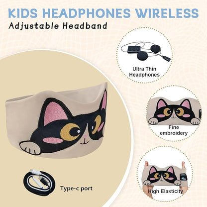 Kids Headband Headphones,Toddler Bluetooth Sleep Mask,Adjustable Wireless Headphones with Wired Playback Type-C Jack Suitable for Study, Travel and Sleep(Beige)
