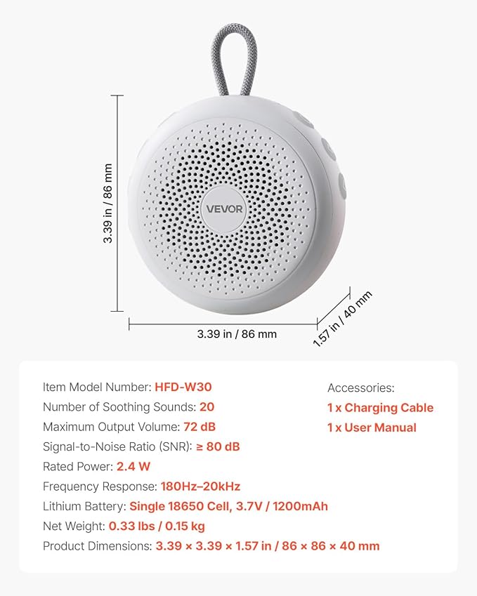 VEVOR Sound Machine, 20 Soothing Sleep Sounds, 4-in-1 Hangable White Noise Sound Machine with Auto-Off Timer, Soft Ring Light, Memory Function and Child Lock, for Baby, Adults, Home, Office & Travel