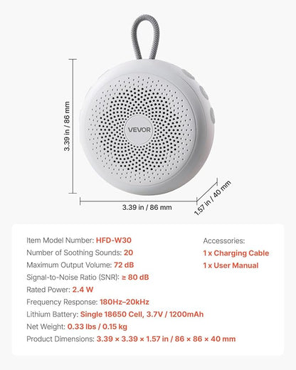 VEVOR Sound Machine, 20 Soothing Sleep Sounds, 4-in-1 Hangable White Noise Sound Machine with Auto-Off Timer, Soft Ring Light, Memory Function and Child Lock, for Baby, Adults, Home, Office & Travel