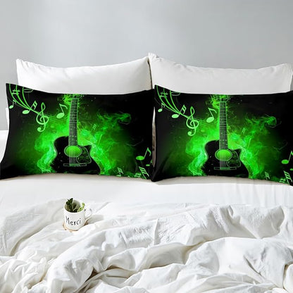 Electric Guitar Bed Sheet Queen Set,Rock Music Theme Guitar Musical Notes Sheet Sets Adults Bedroom Decor,Neon Green Glowing Modern Artistic Bedding Set with Flat,Fitted Sheet,2 Pillows