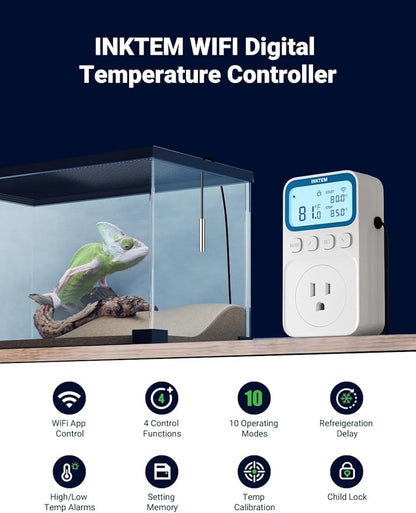 WiFi Temperature Controlled Outlet, Plug in Thermostat Outlet for Space Heater, Duration Timer & Smart Memory Digital Temp Controller, -40℉~212℉, IP67 Waterproof Probe for Incubator, Reptile