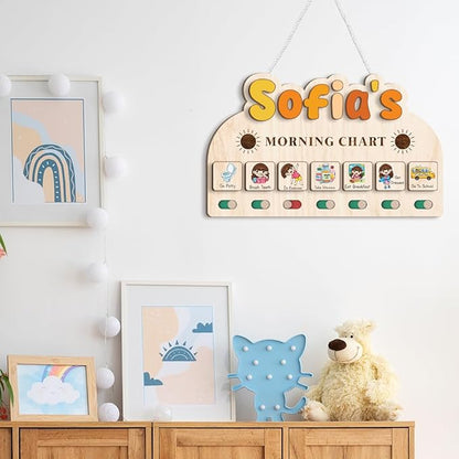 Wooden Morning Routine Chart, Visual Schedule for Toddlers, Wall Art, Rectangular, 13 x 8 inches, Minimalist, Education, Bedroom, Nursery