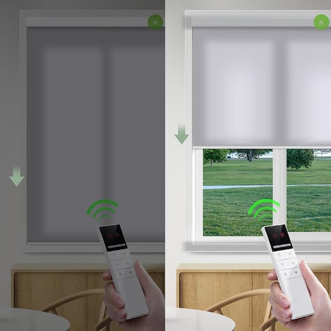ZSHINE Motorized Window Blinds Over-Size Customize Width (21-114 Inches) Remote Control Wireless and Rechargeable Motor Roller Shades Blinds for Windows(Light Filtering Light Grey 82086C)