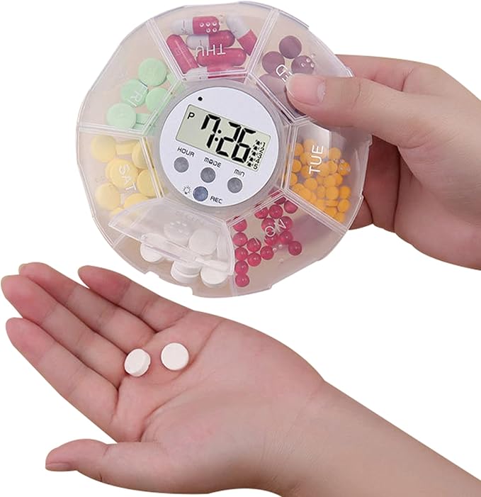 Automatic Medication Dispenser – Pill Organizer Alarm, LED Light | 7 Compartment Portable Medicine Management Tool for Elderly Care Hospital Travel Studio Nursing Home Daily Use