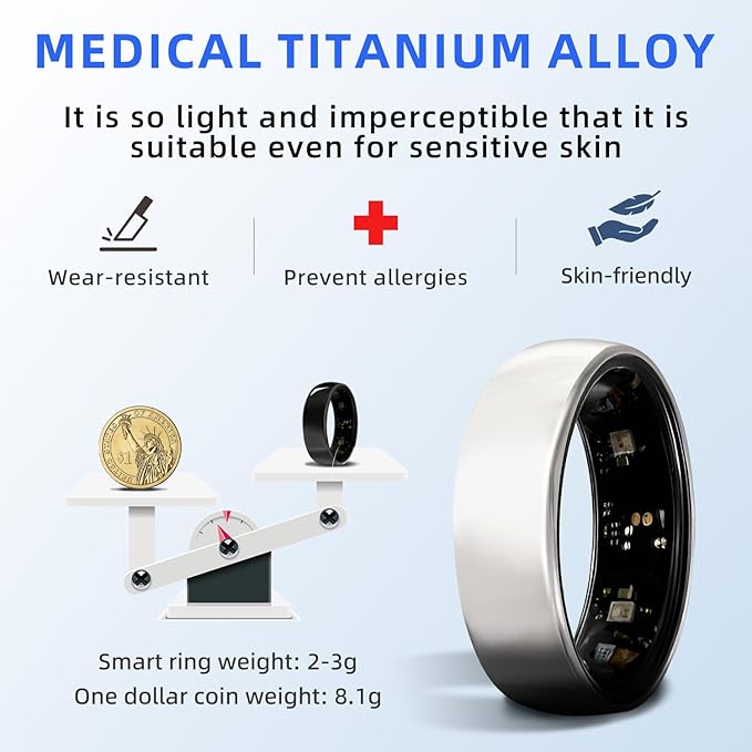 Smart Ring Titanium Fitness Sleep Tracker Health Monitoring Blood Pressure Blood Oxygen for iPhone and Android 7 Days Batterty Life (Black, 8) Full Charge First Use