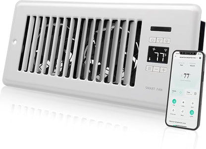 Super Quiet Register Booster Fan for 4" x 10" Register Holes, Smart Register Vent with Dual Intelligent Thermostat and WIFI App Control, Heating Cooling AC Vent Fan (White)