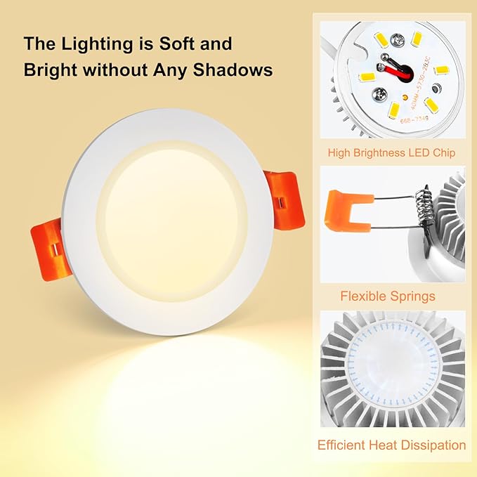 YGS-Tech 3 Inch LED Recessed Lighting, Dimmable Downlight 5W(40W Halogen Equivalent), CRI80, 3000K Warm White, Ceiling Light with LED Driver(1 Pack)