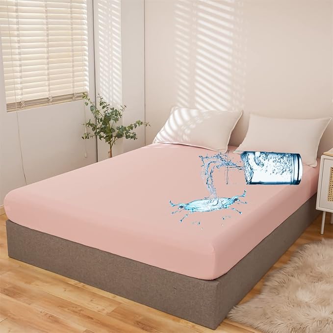 Holawakaka Queen Waterproof Mattress Encasement Protector Pink Fitted Sheet Breathable Bed Mattress Pad Cover, 14" Deep Pocket (Blush,Queen)