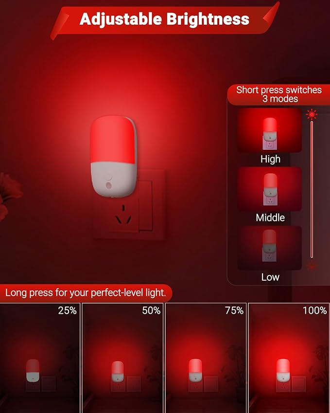 670nm Red Night Lights with Retractable Plug [2 Pack] - 0.5W Red Light Night Light with Dusk to Dawn Sensor - Auto On/Off LED Night Light Plug into Wall Pefect for Bedroom, Bathroom, Hallway