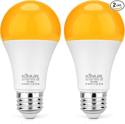 KINUR LED Amber Dimmable Light Bulbs, A19, 9W, 1800K, E26 Base, 60W Equivalent, Amber Soft Light Bulbs Warm Night Light for Bedroom, Sleep, 2 Pack