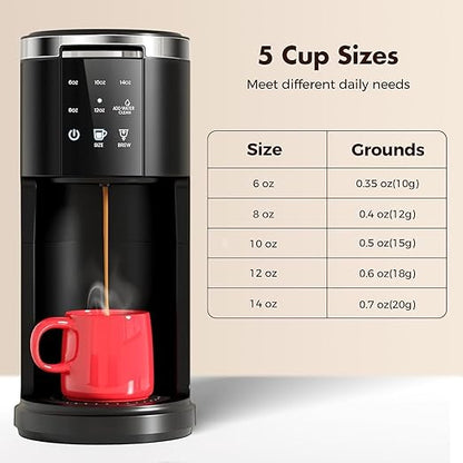 Single Serve Coffee Maker, 2 in 1 Coffee Machine for K-Cup & Ground Coffee, 6 to 14oz Brew Sizes, Pod Coffee Makers with 40oz Removable Water Reservoir, LCD Screen, Self-cleaning, Black