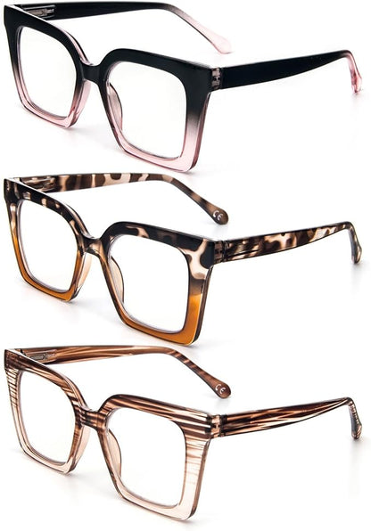 KoKoBin 3 Pack Stylish Square Frame Oprah Style Reading Glasses for Women, Blue Light Blocking Comfortable Readers