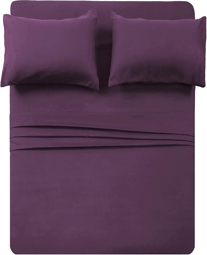 4 Piece Bed Sheet Set (Queen,Purple) 1 Flat Sheet,1 Fitted Sheet and 2 Pillow Cases,Brushed Microfiber Luxury Bedding with Deep Pockets