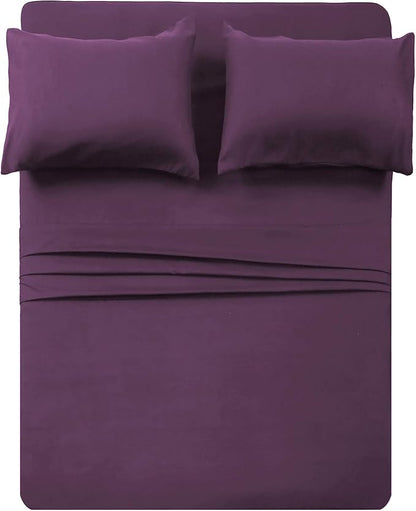 4 Piece Bed Sheet Set (Queen,Purple) 1 Flat Sheet,1 Fitted Sheet and 2 Pillow Cases,Brushed Microfiber Luxury Bedding with Deep Pockets