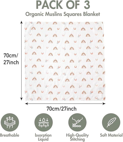 GLLQUEN BABY Receiving Blanket Boy Cotton Muslin Swaddle Blankets Girl Newborn Squares Breathable & Soft Thin Baby Blankets Cloths Double Absorbent Infant Swaddling Wrap - 3 Pack (Sun)