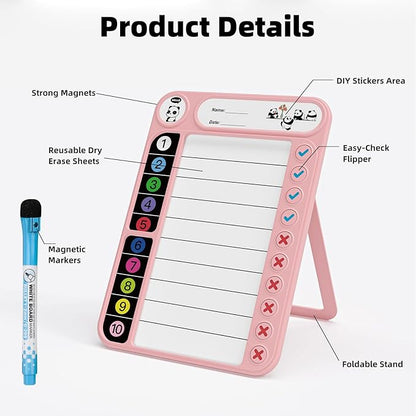 Magnetic Chore Chart for Kids, ADHD Task Tracker Easy-Check Routine Dry Erase Board, to-Do List Planning Tool with Stand for Fridge/Desk/Home/School, 6 Reusable Sheets, 2 Markers