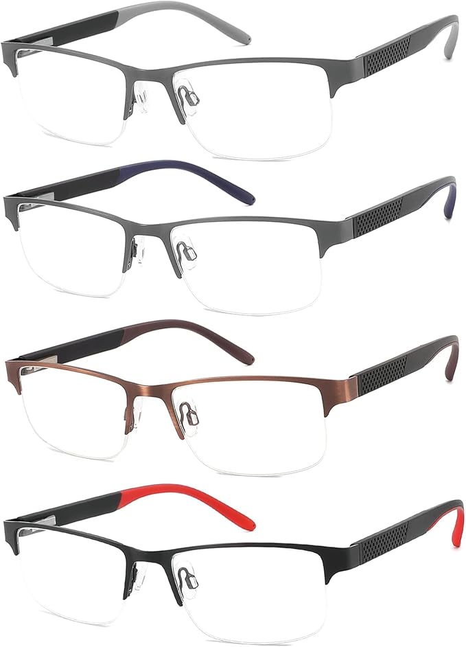 4 Pack Reading Glasses for Men, Blue Light Blocking Computer Readers, Anti UV Ray/Eye Strain/Glare, Metal Frame Eyeglasses with Pouches(225 Magnification Strength)