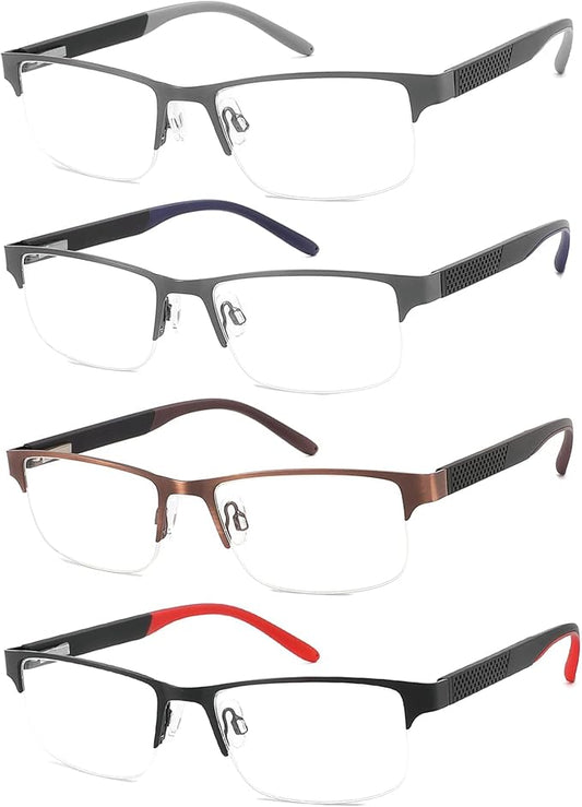 4 Pack Reading Glasses for Men, Blue Light Blocking Computer Readers, Anti UV Ray/Eye Strain/Glare, Metal Frame Eyeglasses with Pouches(300 Magnification Strength)