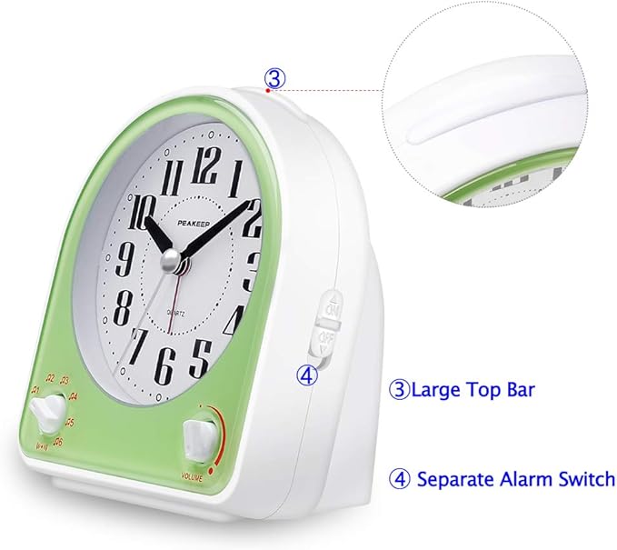 Peakeep Analog Alarm Clock Non-Ticking Silent, Optional 7 Wake-up Sounds with Volume Control, Nightlight and Snooze, AA Battery Operated (Green)