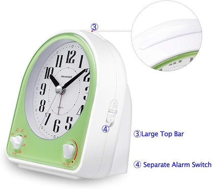 Peakeep Analog Alarm Clock Non-Ticking Silent, Optional 7 Wake-up Sounds with Volume Control, Nightlight and Snooze, AA Battery Operated (Green)