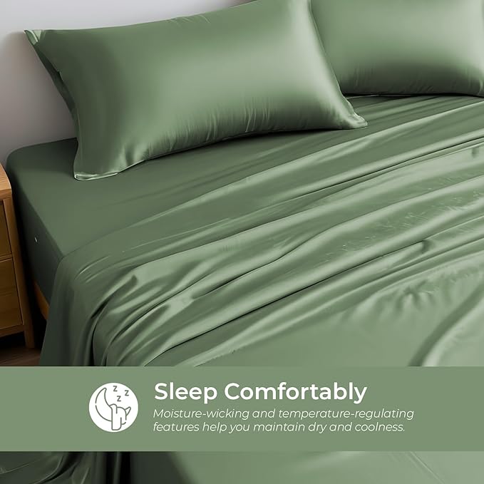LINENWALAS Twin XL Flat Sheet Only - Rayon Derived from Bamboo Silk Bed Sheet, Premium Breathable Cooling Sheet, Soft Top Sheet (Twin XL, Avocado Green)