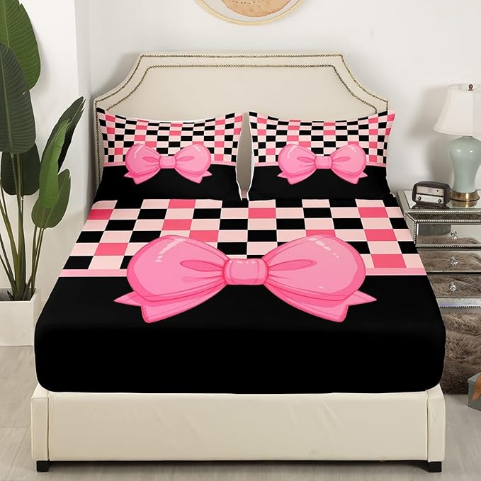 Cartoon Bowknot Bed Cover(1 Fitted Sheet+1 Pillow Case),Kawaii Bow-tie Princess Style Bedding Set,Pink Black Cute Bow Geometric Grids Lines Patchwork Bed Sheet Set,3Pcs Full Size