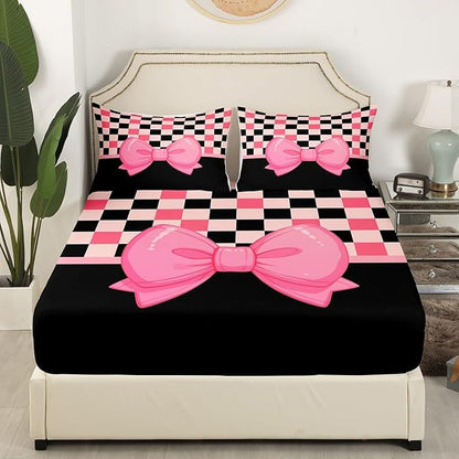 Cartoon Bowknot Bed Cover(1 Fitted Sheet+1 Pillow Case),Kawaii Bow-tie Princess Style Bedding Set,Pink Black Cute Bow Geometric Grids Lines Patchwork Bed Sheet Set,3Pcs Full Size