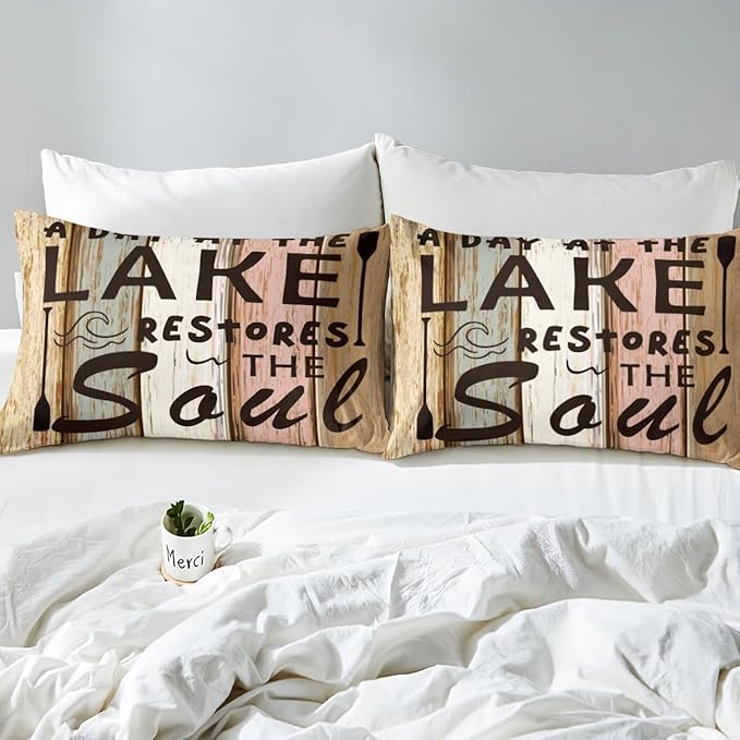 Lake Theme Kids Fitted Sheet Full Size,Outdoor Adventure Camping Lake House Fishing Bedding Set,Boys Girls Room Decor,Retro Woode Plank Rustic Bed Cover,Brown Bed Sheet,2 Pillowcases(No Top Sheet)
