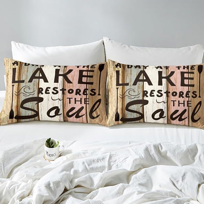 Lake Theme Kids Fitted Sheet Full Size,Outdoor Adventure Camping Lake House Fishing Bedding Set,Boys Girls Room Decor,Retro Woode Plank Rustic Bed Cover,Brown Bed Sheet,2 Pillowcases(No Top Sheet)