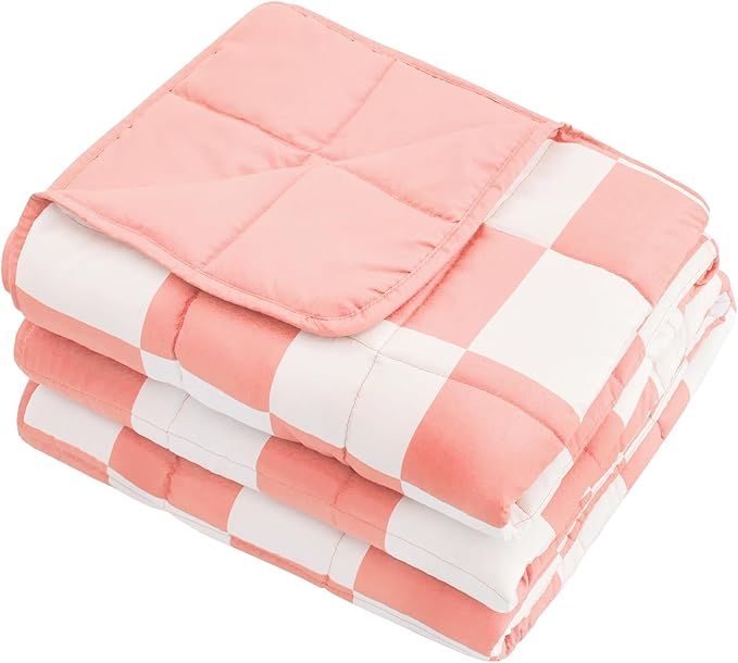 Pink Checkered Weighted Blanket for Adults 20lbs, 60"x80" Queen Size, Cooling Heavy Blanket for 130-220lbs with Premium Glass Beads, Soft Thick Big Blankets for All-Season Sleeping Comfort Breathable
