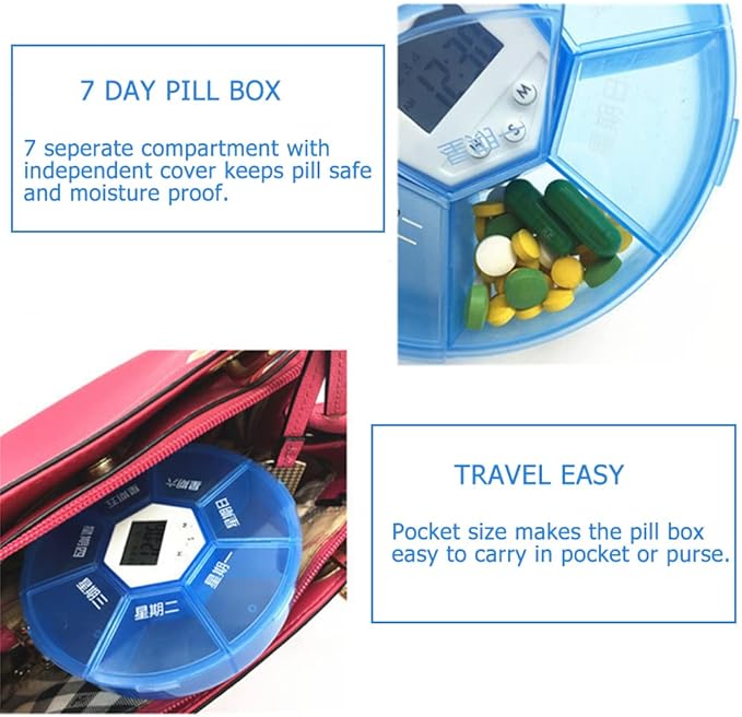 Weekly Pill Dispenser with Alarm, 7-Day Medicine Pill Organizer with up to 4 Alarms Per Day,Portable Smart Pill Box, Pill Reminder