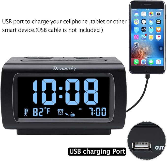 DreamSky Alarm Clock Radios for Bedrooms with Battery Backup, Large Big Numbers with Dimmer Wheel, USB Port, Bedside Digital FM Radio with Sleep Timer, Temperature, Adjustable Volume, Snooze