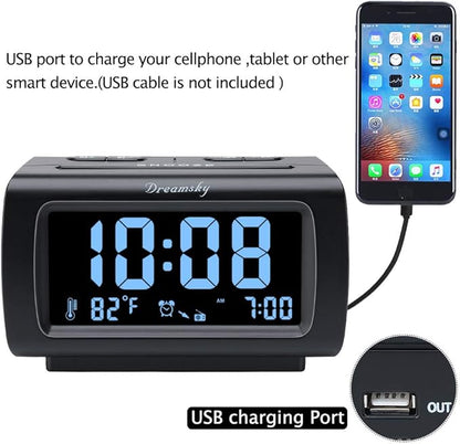 DreamSky Alarm Clock Radios for Bedrooms with Battery Backup, Large Big Numbers with Dimmer Wheel, USB Port, Bedside Digital FM Radio with Sleep Timer, Temperature, Adjustable Volume, Snooze