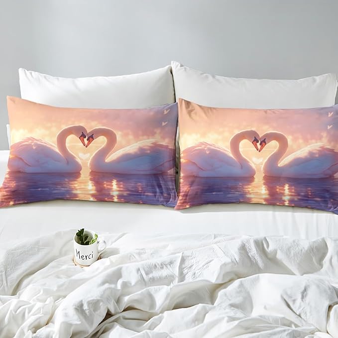 Couple Swan Kids Fitted Sheet Queen Size,Lake House Animals Fishing Cabin Bedding Set,Boys Girls Room Decor,Sunset Rustic Farmhouse Bed Cover,Pink Romantic Bed Sheet,2 Pillowcases