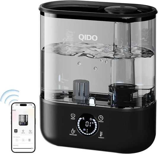 QIDO Top Fill Humidifiers for Bedroom, 5 L Cool Mist 36H Super Long Time, Quiet 28dB Essential Oil Diffuser for Baby & Plants, 3 Adjustable Mist with Touch/APP/7-color Nightlight, Auto Shut-off, Black
