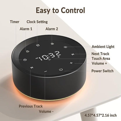 White Noise Machine with Alarm Clock & Night Light for Babies and Adults, 20 Soothing Sounds, Glare-Free Upward Display, Touch Control, Memory Function, 5 Sleep Timers, Black