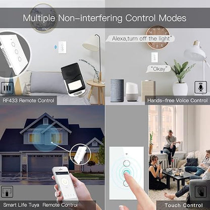 MOES Touch Wall Single Live Wire Smart Switch，No Neutral Wire Needed, 2.4GHz WiFi RF433 Light Switch Works with Smart Life/Tuya App, Alexa and Google Home, Single Pole 110V, White 3 Gang