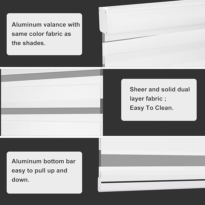 Changshade Custom Size Zebra Blinds Cordless for Indoor Windows Doors Light Filtering, Zebra Roller Shades with Valance Dual Layer Fabric for Living Room, Bedroom, Bathroom, Easy to Install, White