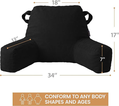 Portable Comfy Reading Pillows for Bed Sitting Up(Black Oeko-Tex), Velvet Back Pillow with Arms & Pockets for Adults, Support Memory Foam Bed Pillow for Dorm/Reading/Watching/Gaming