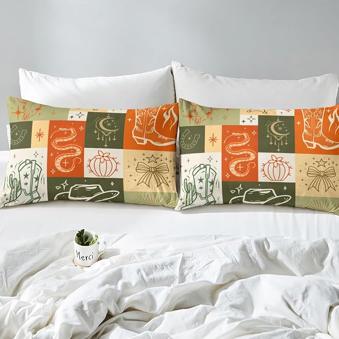 American Western Full Size Fitted Sheet,Boho Cowboy Boots Hat Bull Skull Gothic Snake 3 Pieces Kids Teenager Room Decor Retro Orange Beige Grids Patchwork Pocket 2 Pillowcases
