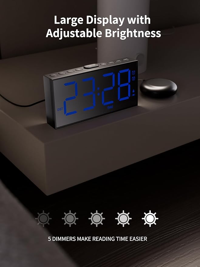 ROCAM Loud Vibrating Alarm Clock with Bed Shaker, Bed Shaker Alarm Clock for Heavy Sleepers/Hearing Impaired/Deaf, Dual Alarm with Weekday/Weekend Mode, Large Display Digital Clock with Dimmer, Snooze