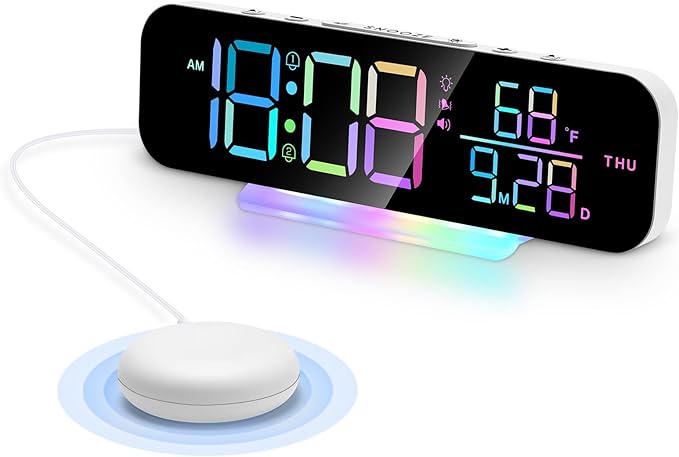 Extra Loud Vibrating Alarm Clock with Bed Shaker,Large LED Digital Display,Dual Alarms,Multiple RGB Colors,Dimmable Volume Adjustable,for Deep Sleepers and Hearing Impaired Deaf Seniors