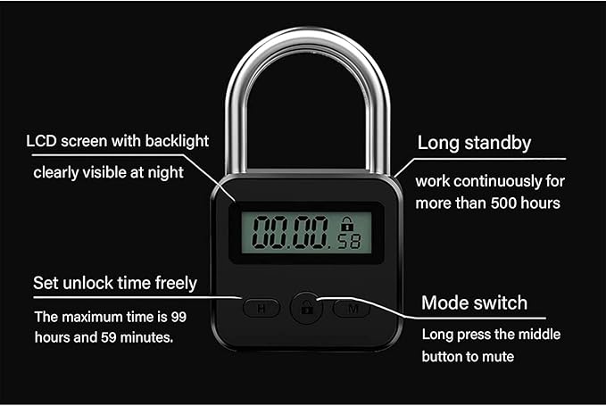 Metal Timer Lock, LCD Display Multi-Function Electronic Time, 99 Hours Max Timing, USB Rechargeable Timer Padlock Timer Padlock Timer Lock (Silver)