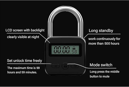 Metal Timer Lock, LCD Display Multi-Function Electronic Time, 99 Hours Max Timing, USB Rechargeable Timer Padlock Timer Padlock Timer Lock (Black)