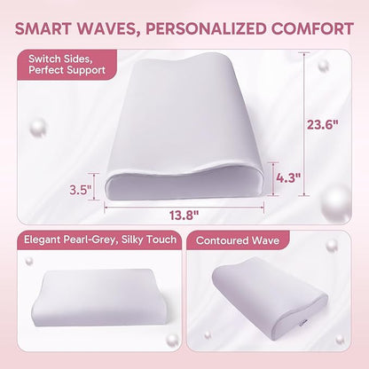 Ergonomic Memory Foam Pillow 2 heights: Mid-Low, Cervical Support Relieve Neck Back Pain, Breathable Cool Ice Silk Anti-Wrinkle Cover, SGS Certificates, for Side Back Stomach Sleeper, Queen Size