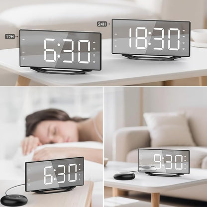 OnLyee Vibrating Alarm Clock with 8.7” LED Mirror for Heavy Sleepers & Hearing Impaired, Bed Shaker & 3 Wake-Up Modes, Dual Alarms, USB Charging, Adjustable Brightness, Snooze Function