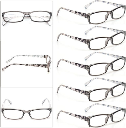 Kerecsen Reading Glasses 5 Pairs Fashion Ladies Readers Spring Hinge with Pattern Print Eyeglasses for Women (5 Grey, 2.0, x)